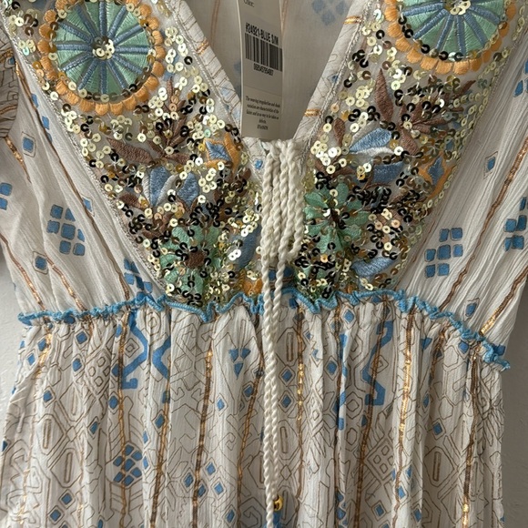 Boho Blue Gold Orange Metallic Sequin V Neck Tassel Made in India Tiered Dress - Picture 5 of 8